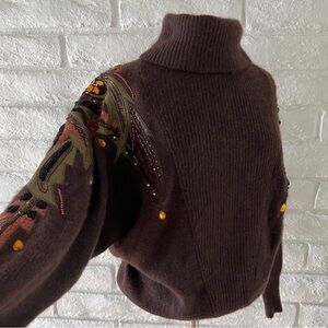 Vintage Erez Embroidered Brown Sweater with Leather and Beats Accents C-11
